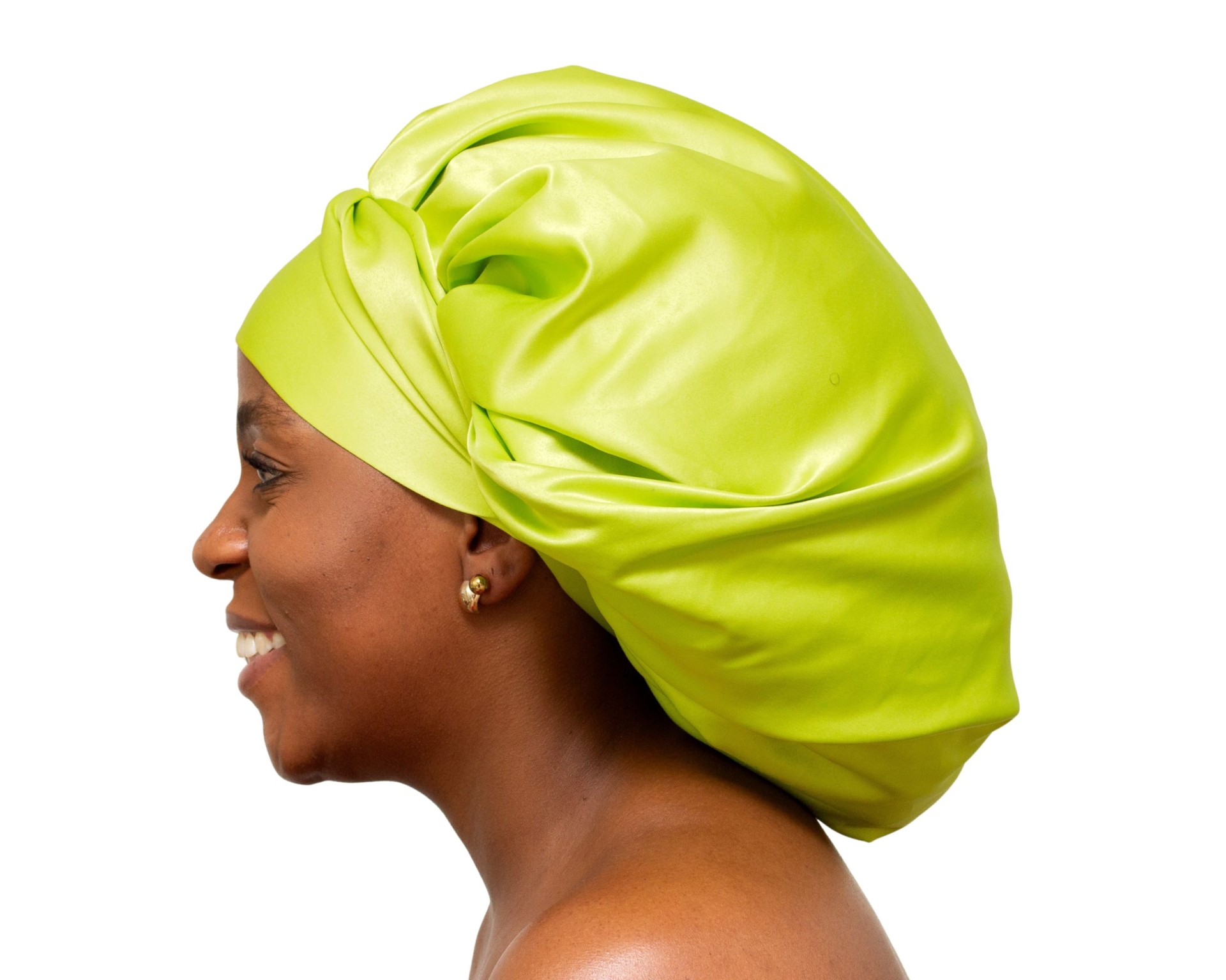 Verde Lumière Lime Satin Bonnet — Ndini Hair Woman wearing oversized lime green satin bonnet designed for luxury overnight natural hair protection.