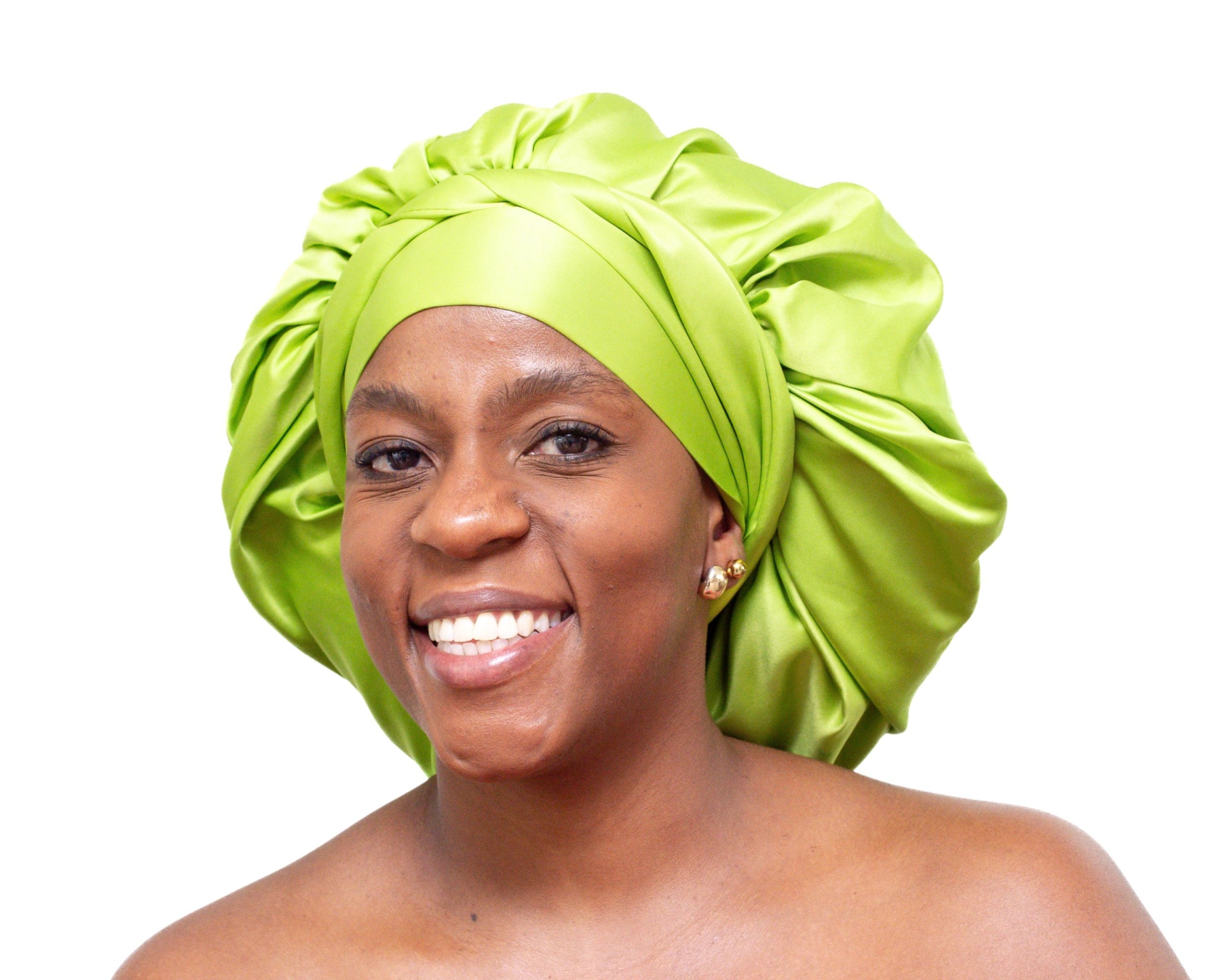 Verde Lumière Lime Satin Bonnet — Ndini Hair Woman wearing oversized lime green satin bonnet designed for luxury overnight natural hair protection.