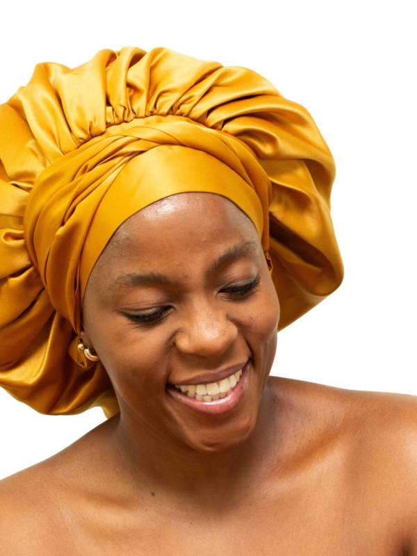 The Soleil bonnet in rich mustard satin.